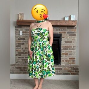 Floral Green and White Strapless Dress